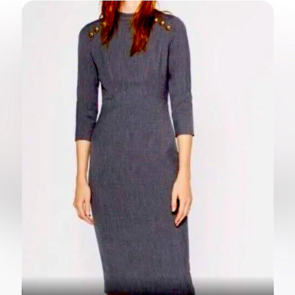 Zara Woman Military Button Detail Structured Fitted Stretch Bodycon Dress Midi